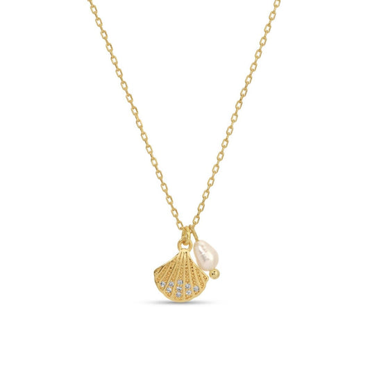 gold scallop shell necklace pearl cubic zirconia coastal beach jewelry dainty gold pendant women