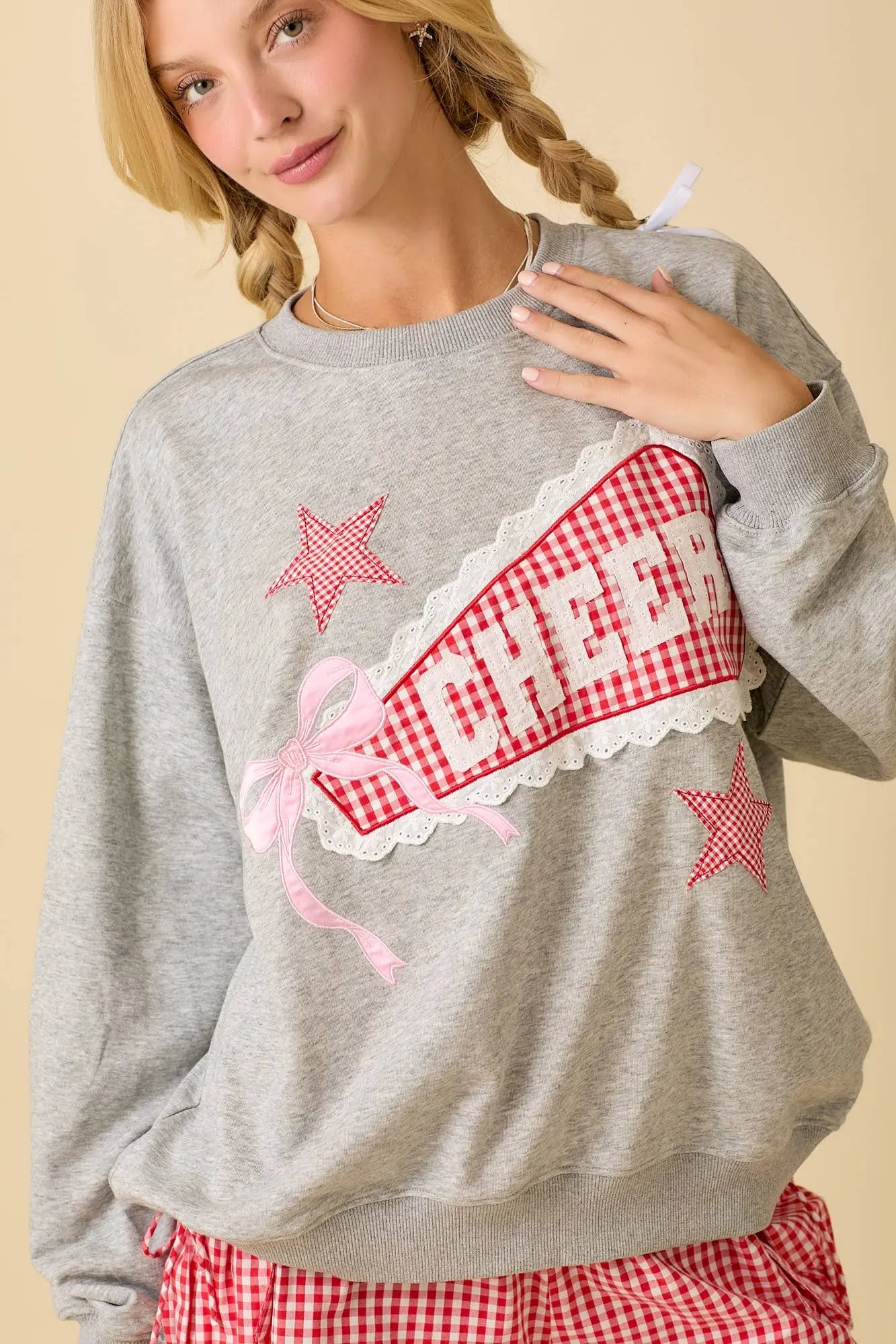Game Day Cheer Patchwork Long Sleeve Crewneck Top: HEATER GREY / S Main Strip