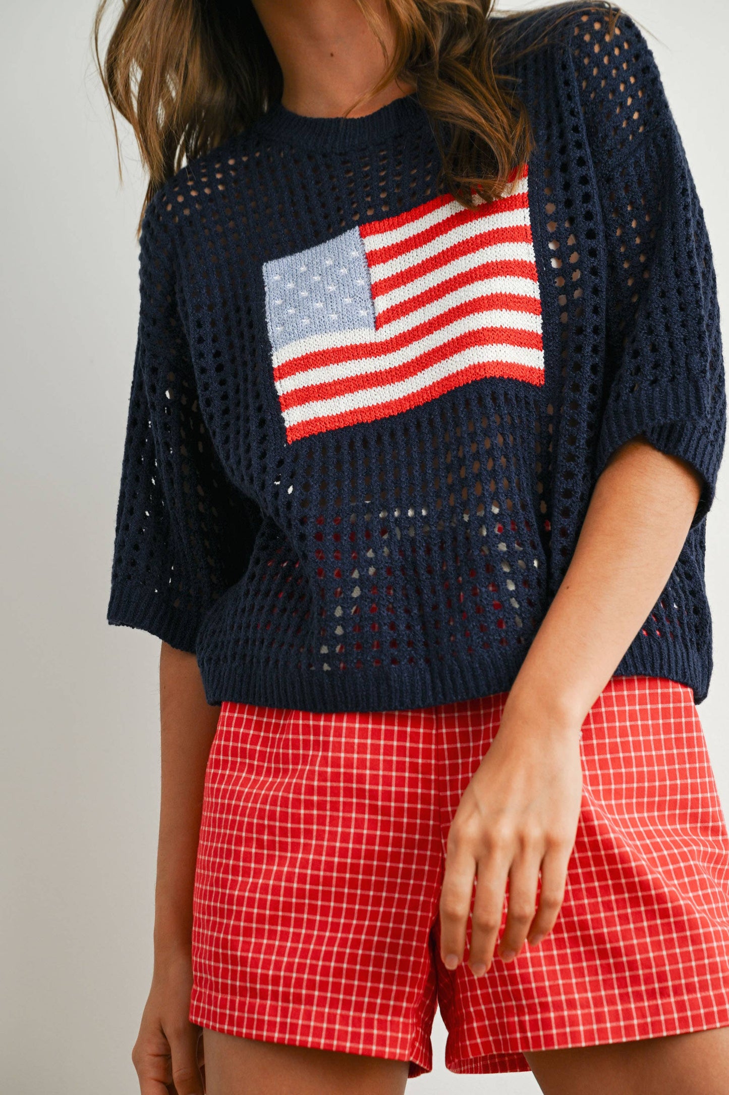 American Flag Open Knit Sweater Top | Lightweight Patriotic Crochet Pullover