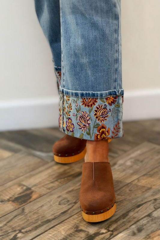 Fall Floral Embroidered Cuffed Jeans – Mid Rise Cropped Denim