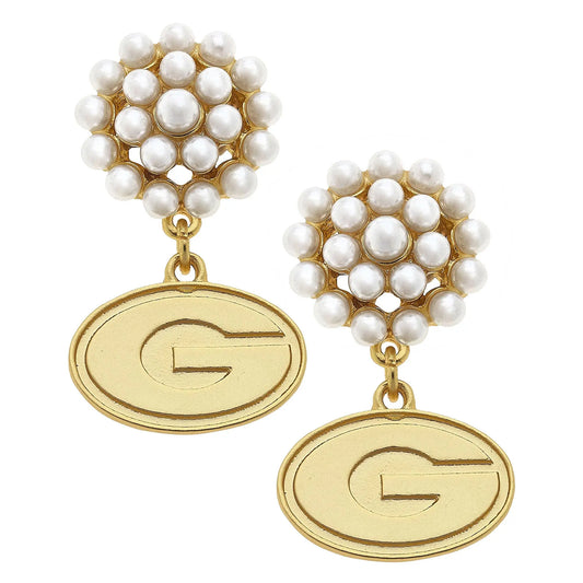 Georgia Bulldogs Pearl Cluster 24K Gold Plated Logo Earrings Canvas Style