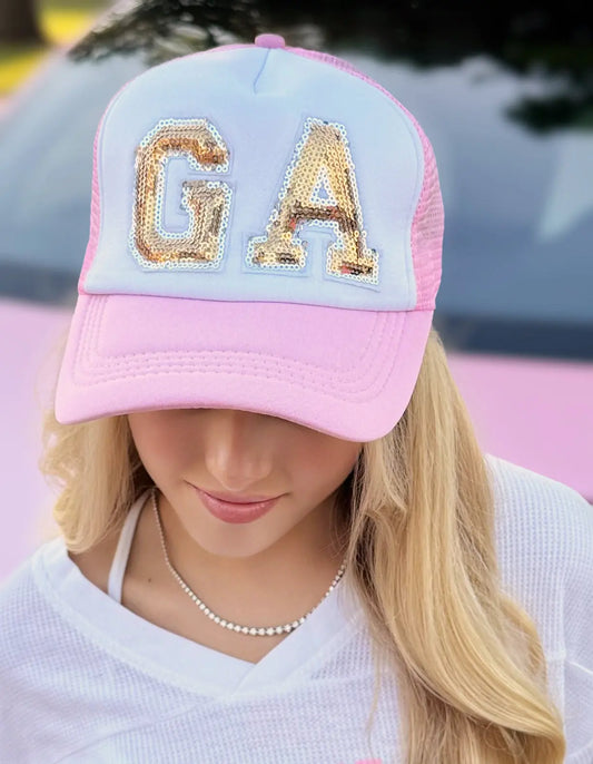 Judith March White & Pink Trucker Hat With Gold Sequin “GA” American Graham Apparel