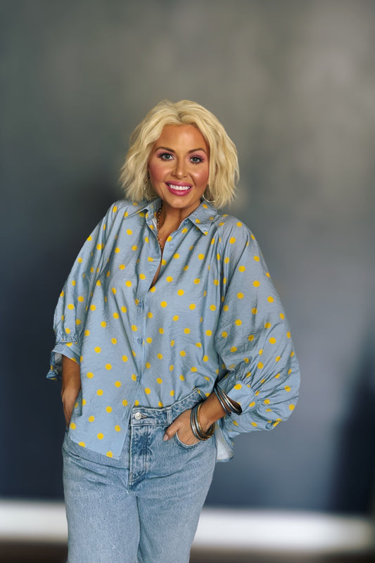 Freshly Picked Pale Blue Oversized Button-Down Polka Dot Blouse