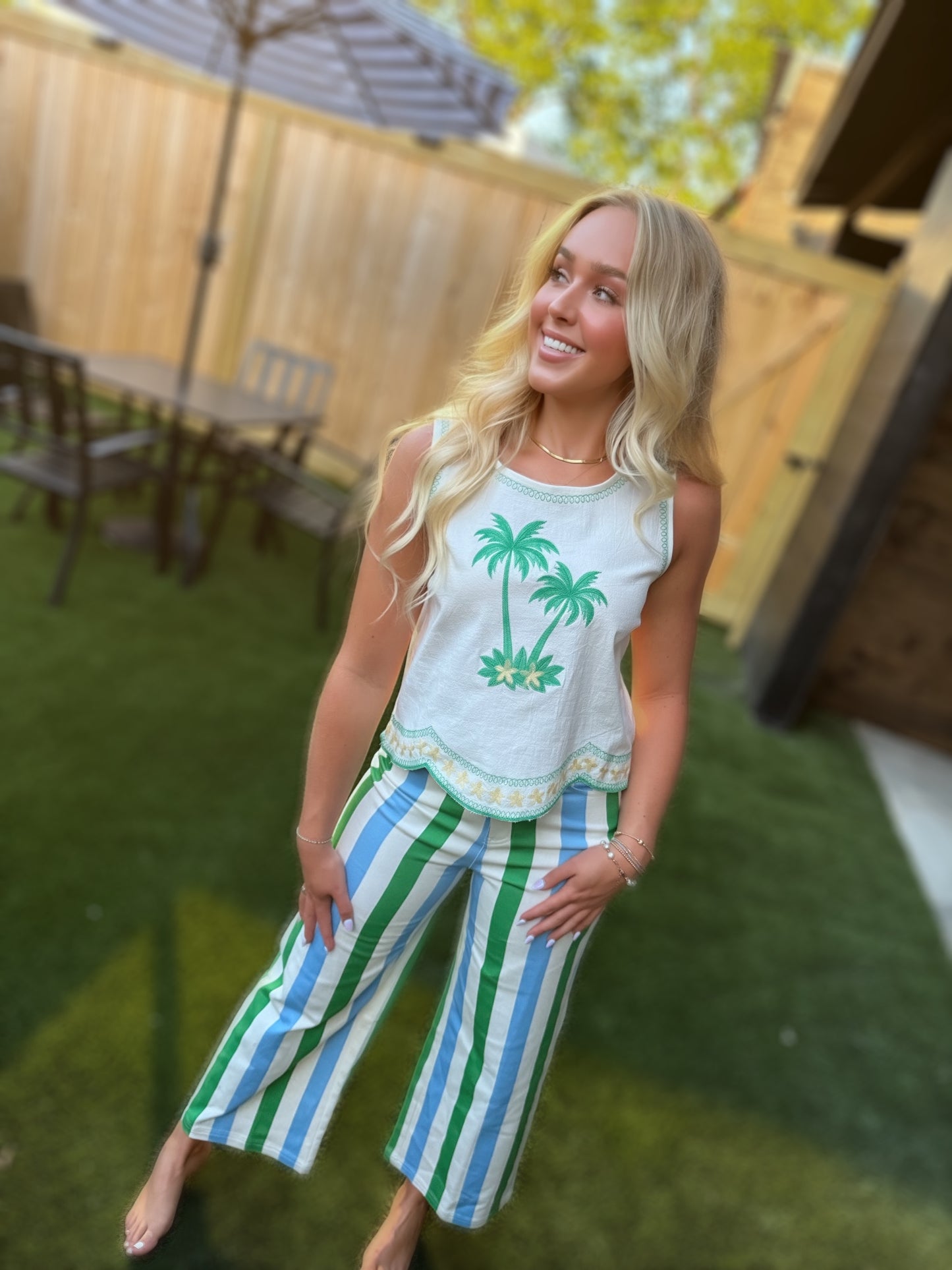Green & Blue Stripe Straight-Leg Pants | Lightweight Cotton Wide Leg Pants