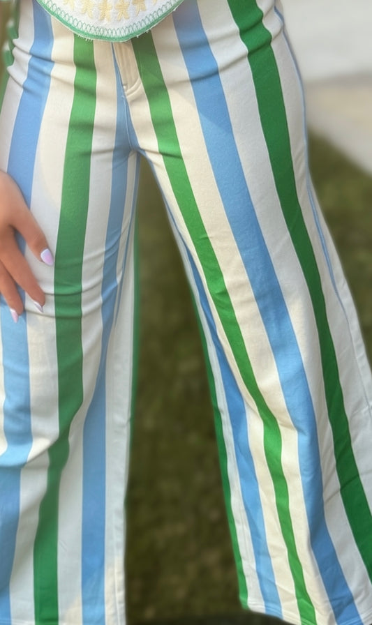 Pantalon droit à rayures vertes et bleues | Pantalon large en coton léger