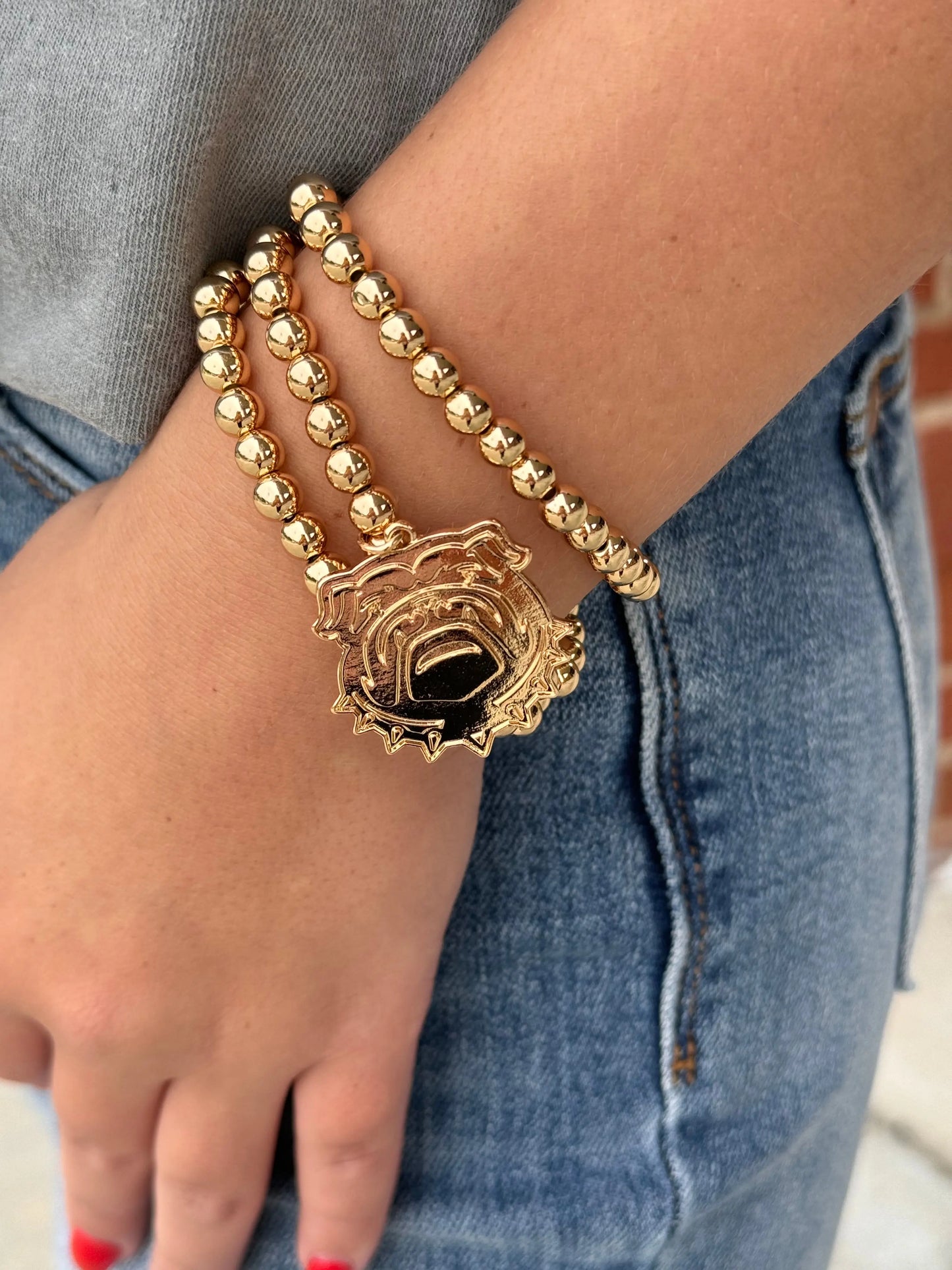 Gold Bulldog Charm Beaded Bracelet Stack American Graham Apparel