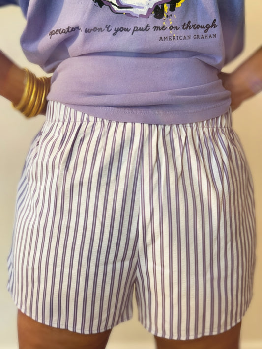 Lavender Stripe Boxer Shorts for Women | Elastic Waist Lounge Shorts with Pockets