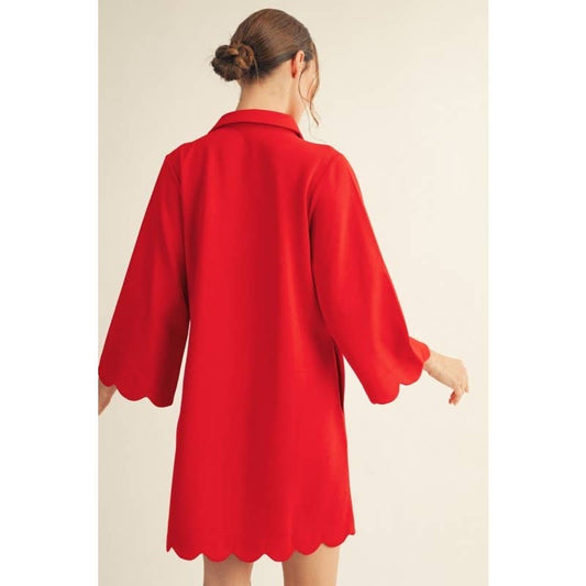 Red Scallop Hem Collared Swing Dress With Pockets