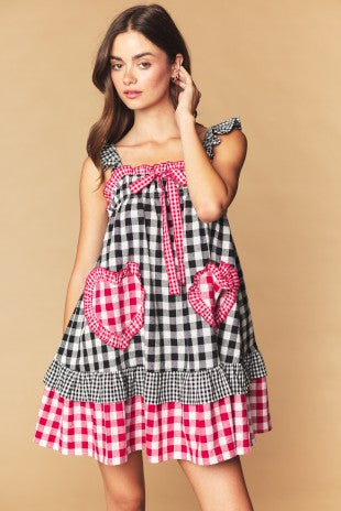 Red & Black Gingham Heart Pocket Babydoll Dress