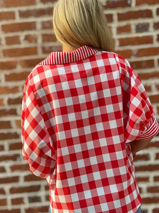 Rally Ready Red Gingham Contrast Stripe Button-Up Blouse