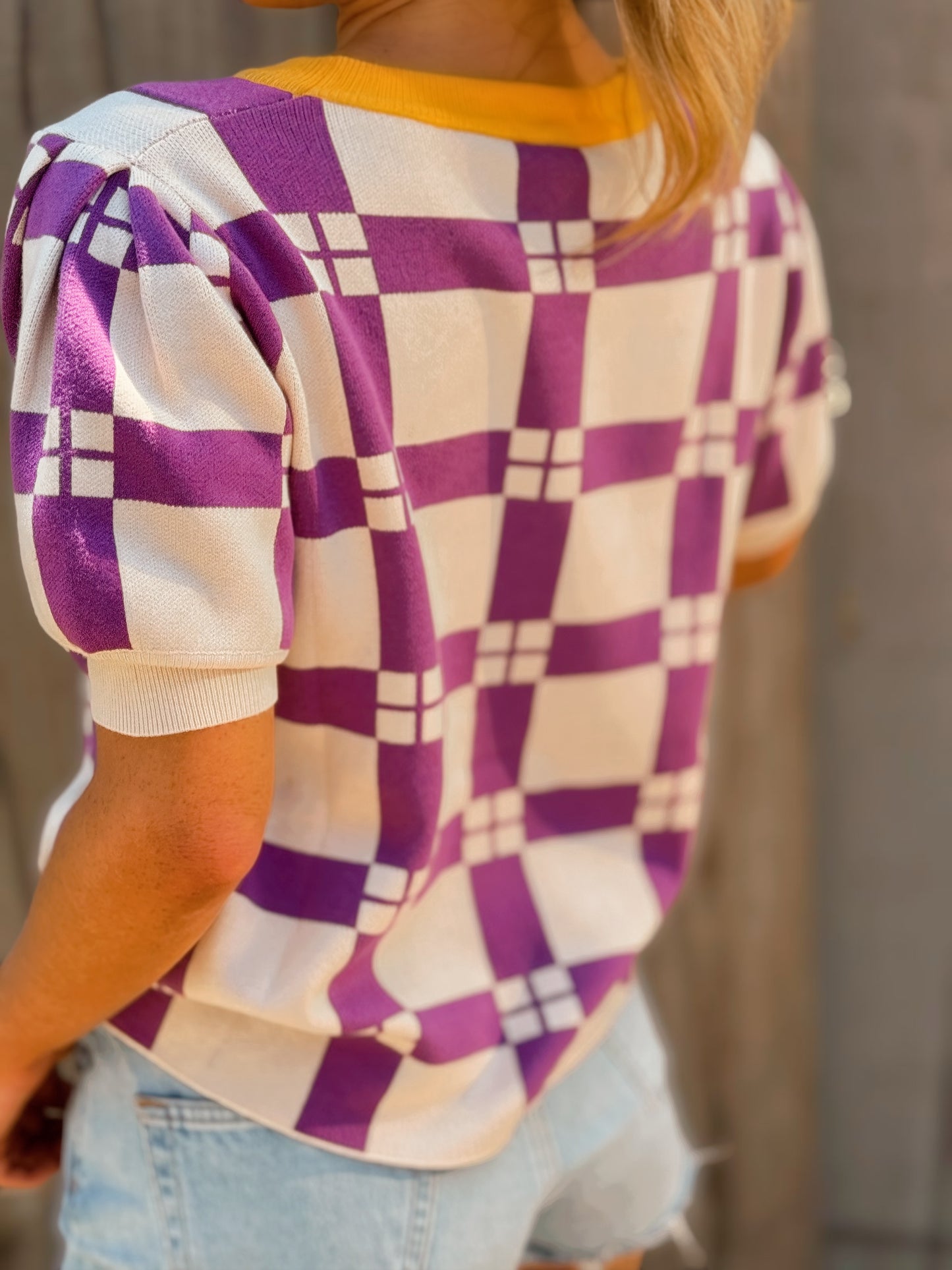 Purple & Gold Checkered Football Patch Game Day Knit Top