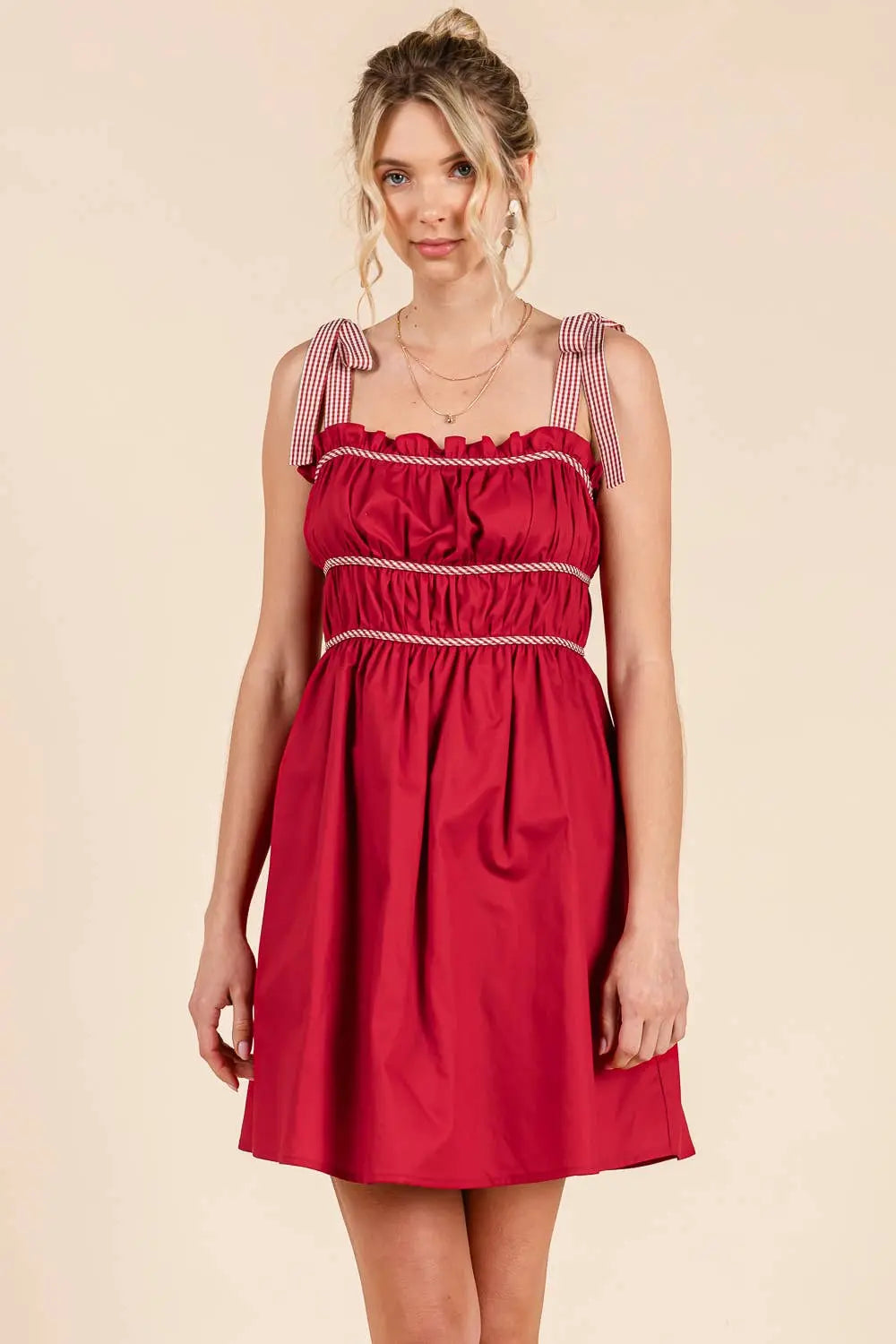 Gameday Cotton mini dress with gingham binding details: MAROON / L BABY PINK
