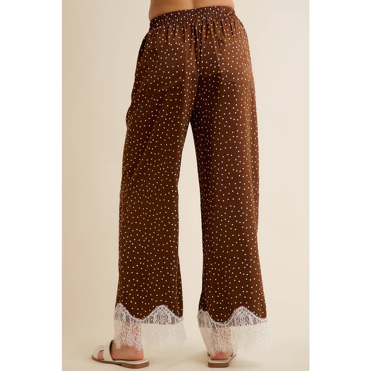 Satin Polka Dot Wide Leg Pants with Lace Trim – Chocolate Brown