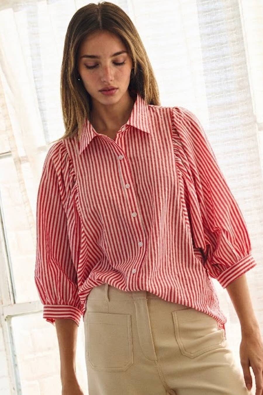 Crimson Charm Striped Puff-Sleeve Blouse
