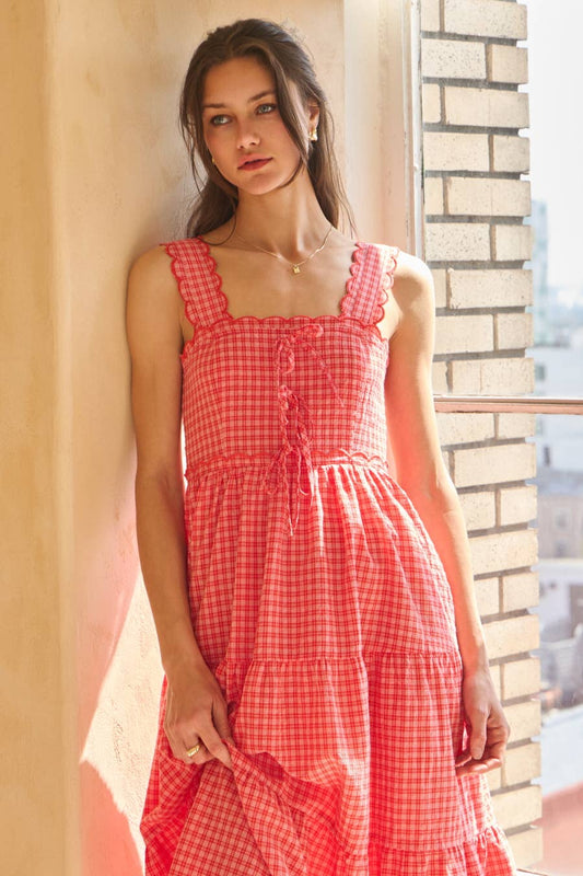 Red Gingham Tiered Midi Dress | Scalloped Strap Smocked Summer Dress