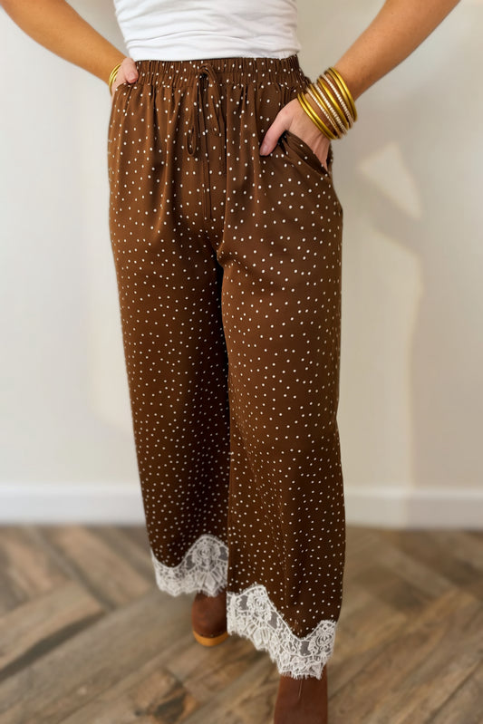 Satin Polka Dot Wide Leg Pants with Lace Trim – Chocolate Brown