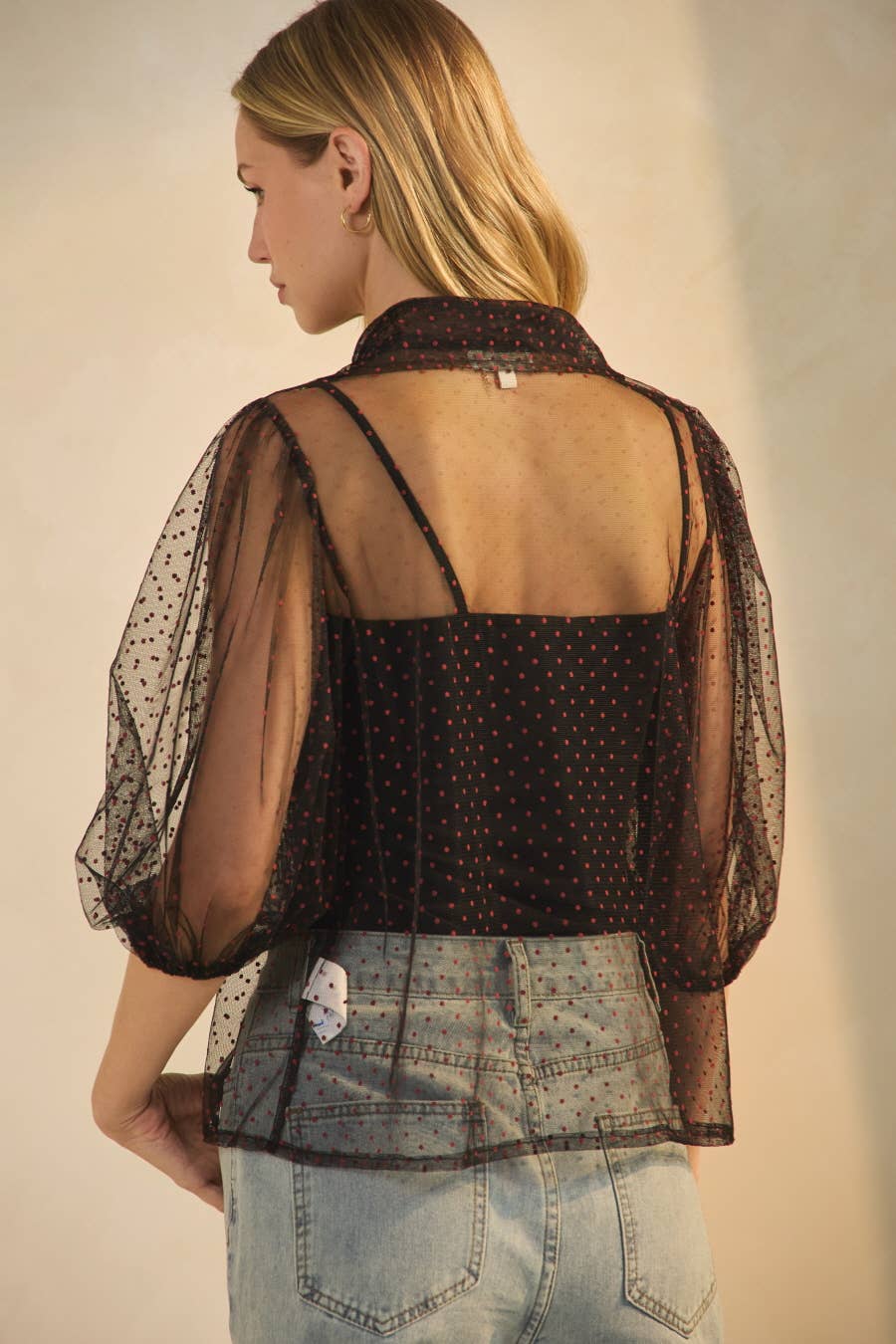 Night Game Red-Dotted Mesh Blouse