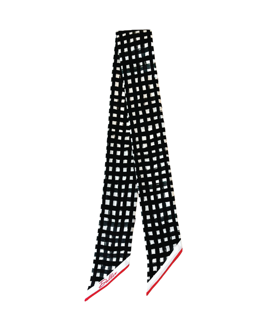 Black, white and red silk twilly scarf featuring an original watercolor check pattern and pointed ends.