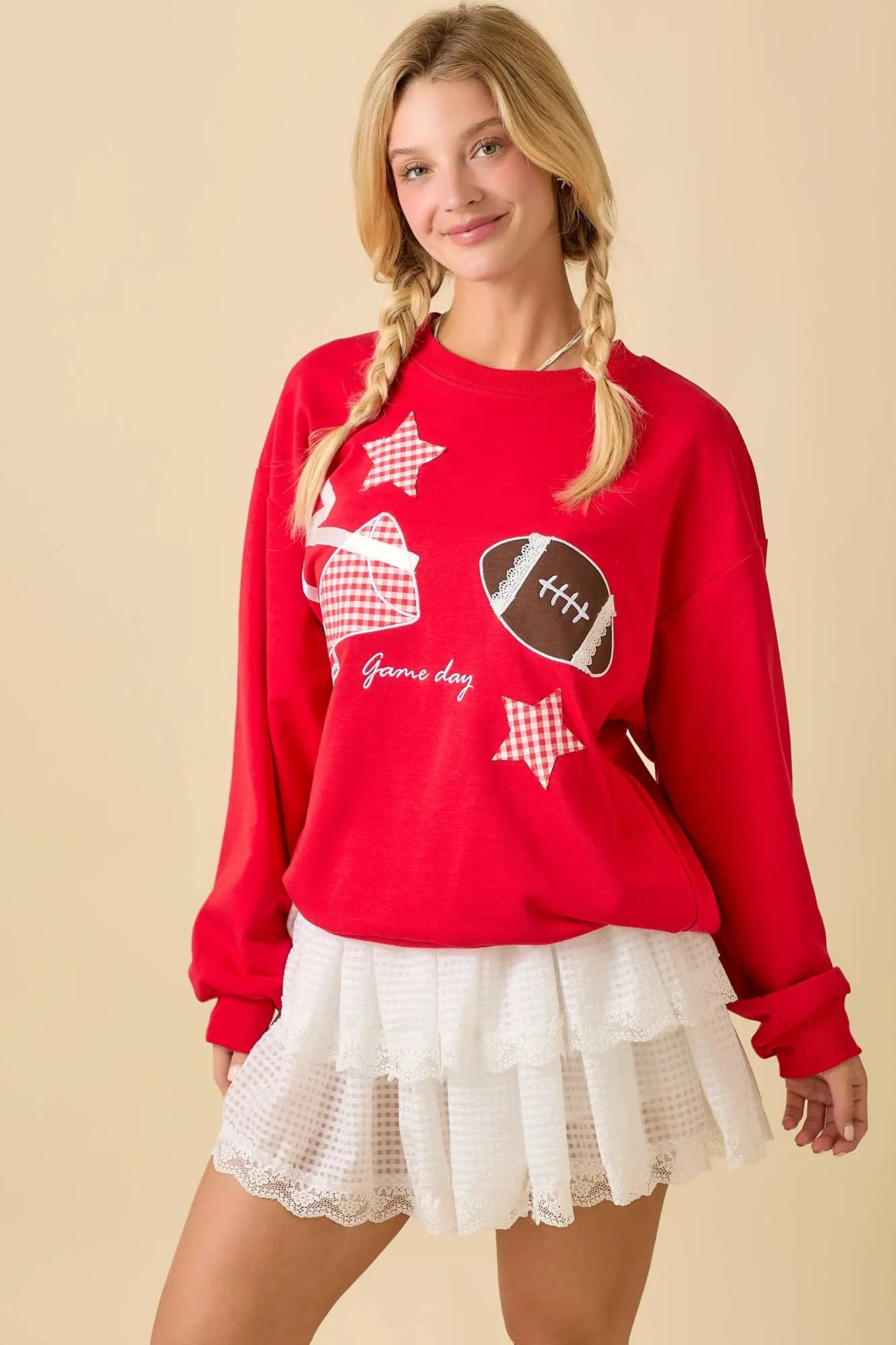 Football Game Day Patchwork Long Sleeve Crewneck Top: RED / S Main Strip