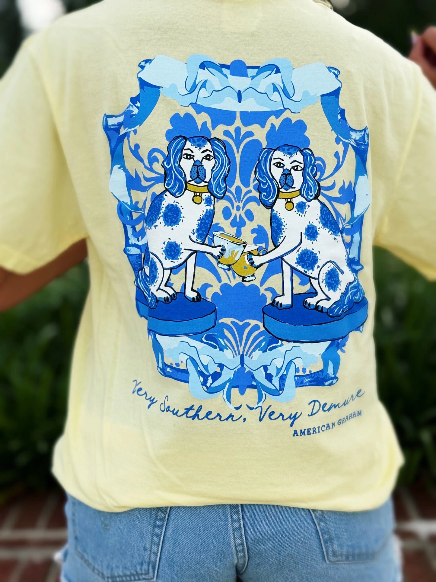 Demure Dogs, Spring Chinoiserie Blue & White Artisan Graphic Tee American Graham Apparel