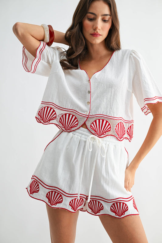 Sandy Shores Shell Embroidered Button-Up Top