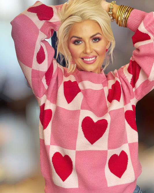 First Love Pink Heart Checkered Pattern Valentine Crew Neck Sweater