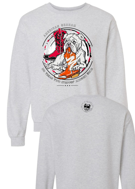 No Texas 2 Steppin' Allowed Acid Wash Graphic Sweatshirt (UGA vs UT) - American Graham Apparel American Graham Apparel