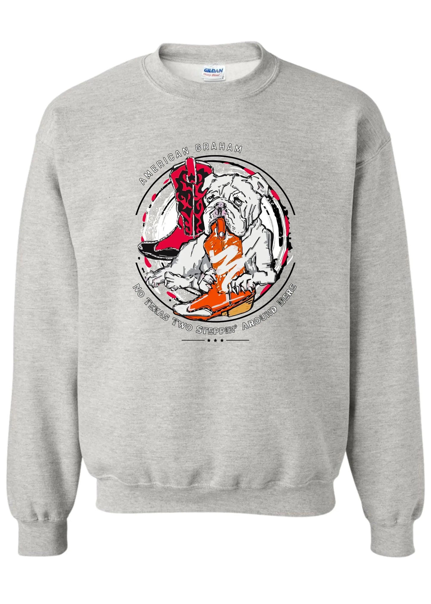 No Texas 2 Steppin' Allowed Acid Wash Graphic Sweatshirt (UGA vs UT) - American Graham Apparel American Graham Apparel