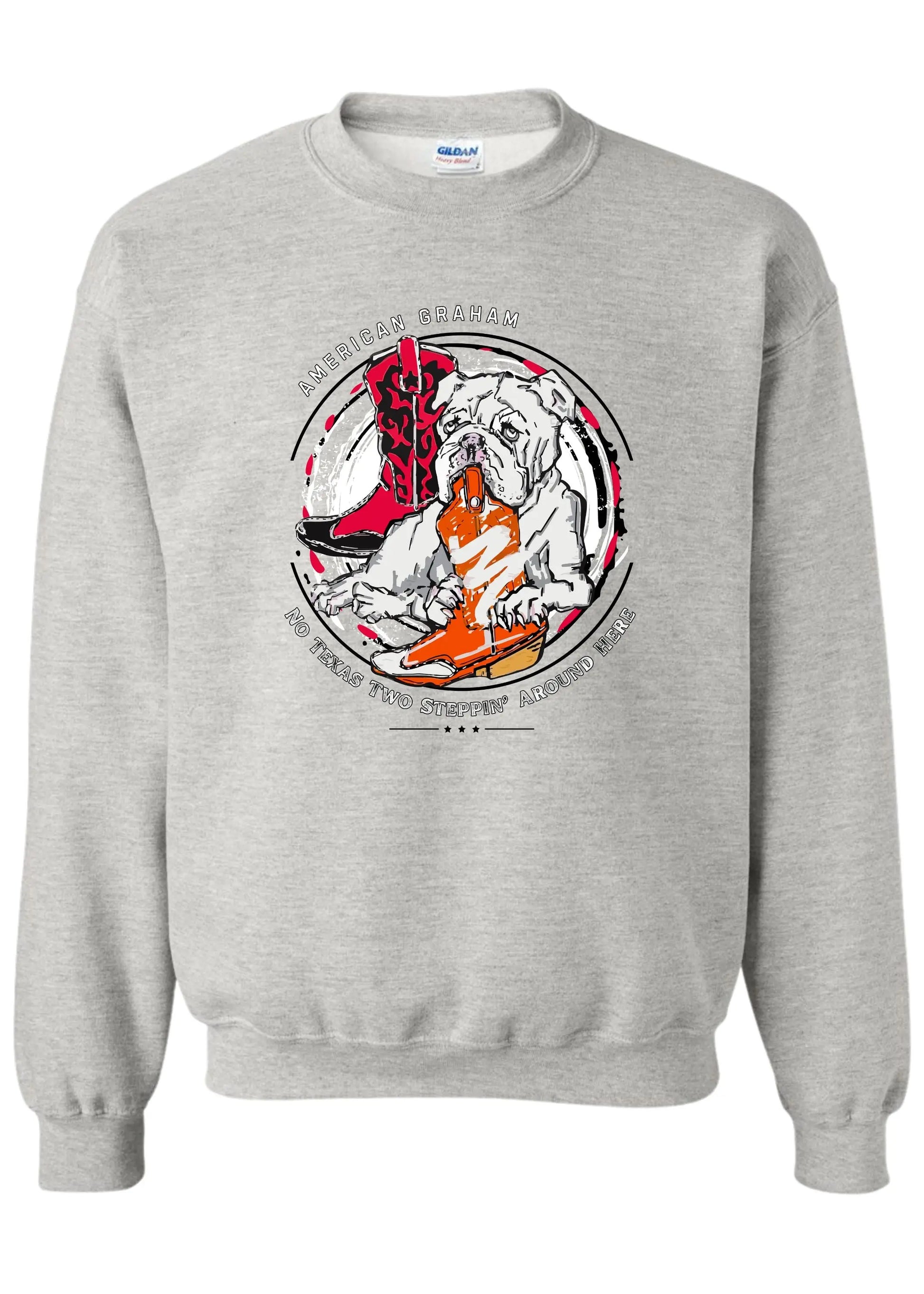 No Texas 2 Steppin' Allowed Acid Wash Graphic Sweatshirt (UGA vs UT) - American Graham Apparel American Graham Apparel