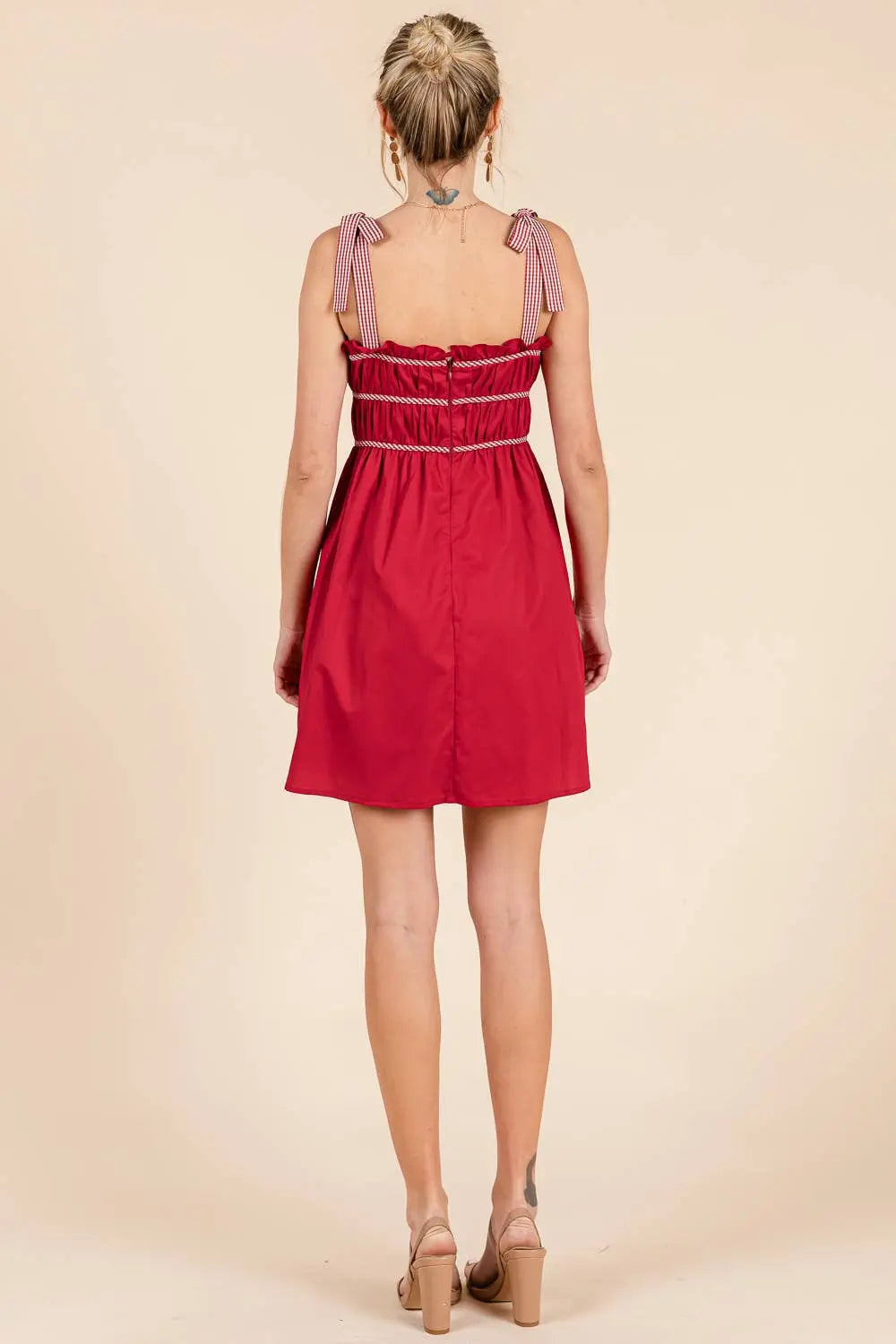 Gameday Cotton mini dress with gingham binding details: MAROON / L BABY PINK