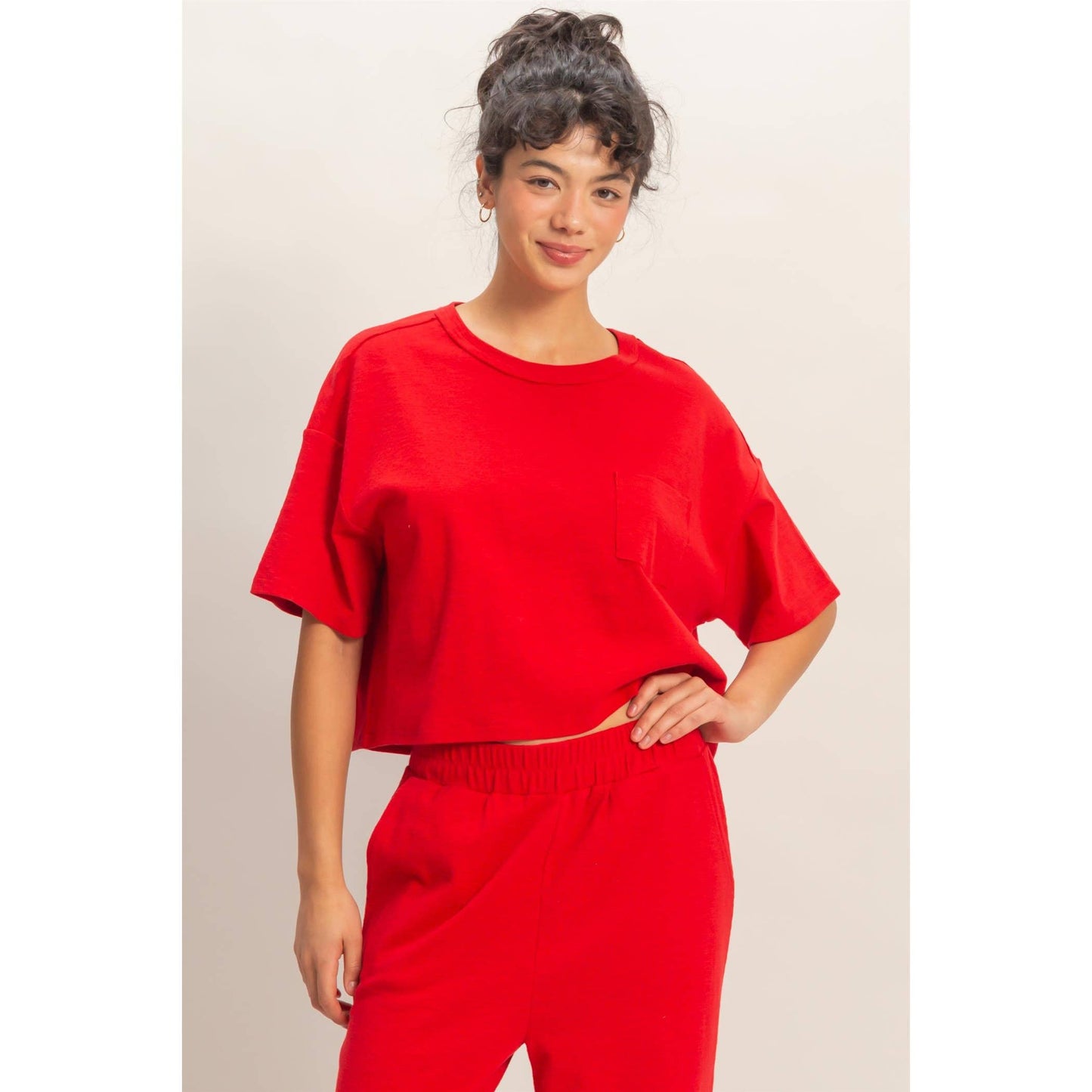 Red Relaxed Crop Tee | Boxy Pocket T-Shirt | Matching Set Top
