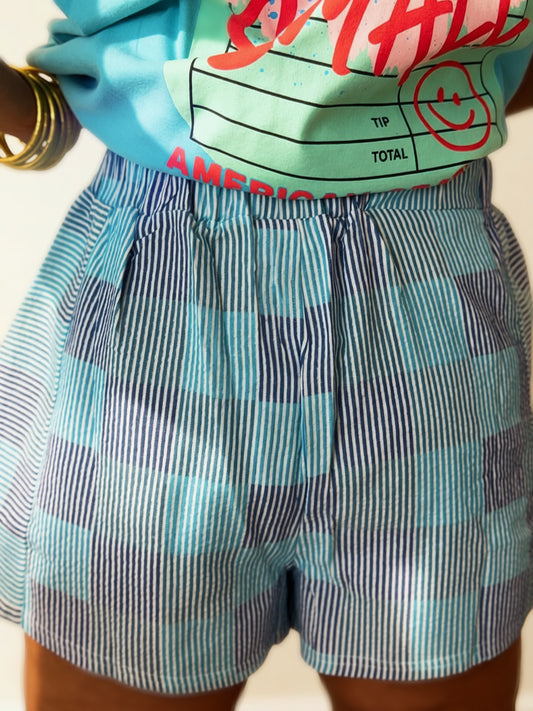 Blue Pastel Plaid Boxer Shorts for Women | Crinkle Cotton Lounge Shorts with Pockets