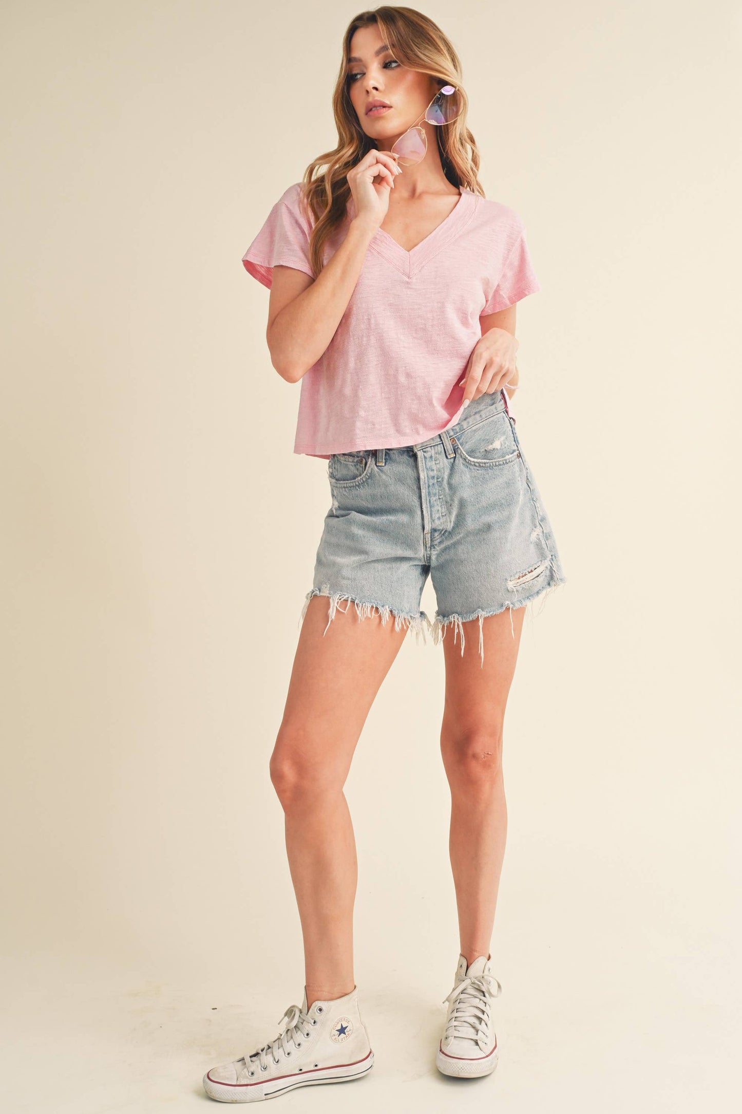 Soft Pink V-Neck Cropped T-Shirt