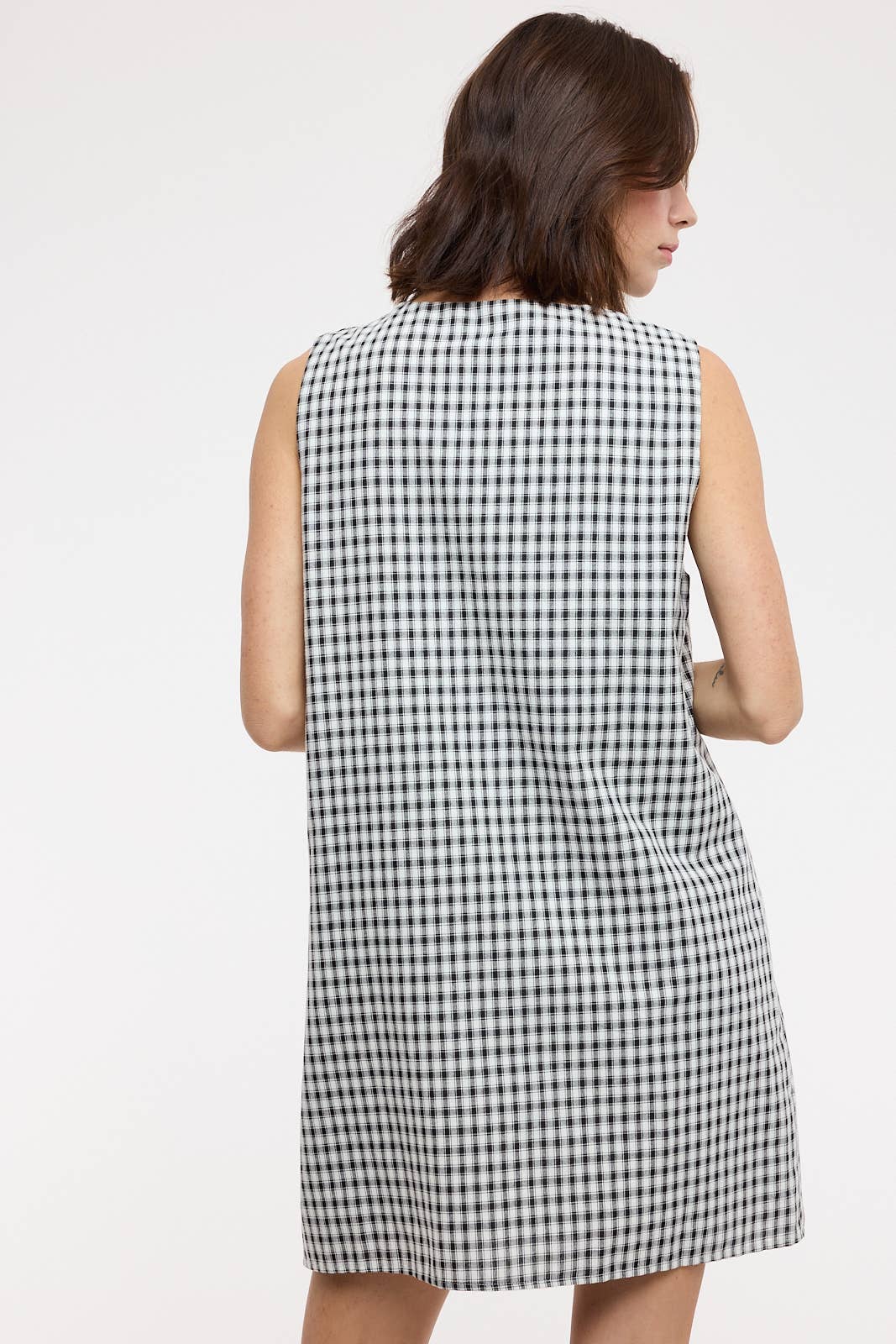 Black & White Plaid Side Button Mini Dress – Sleeveless Summer Dress