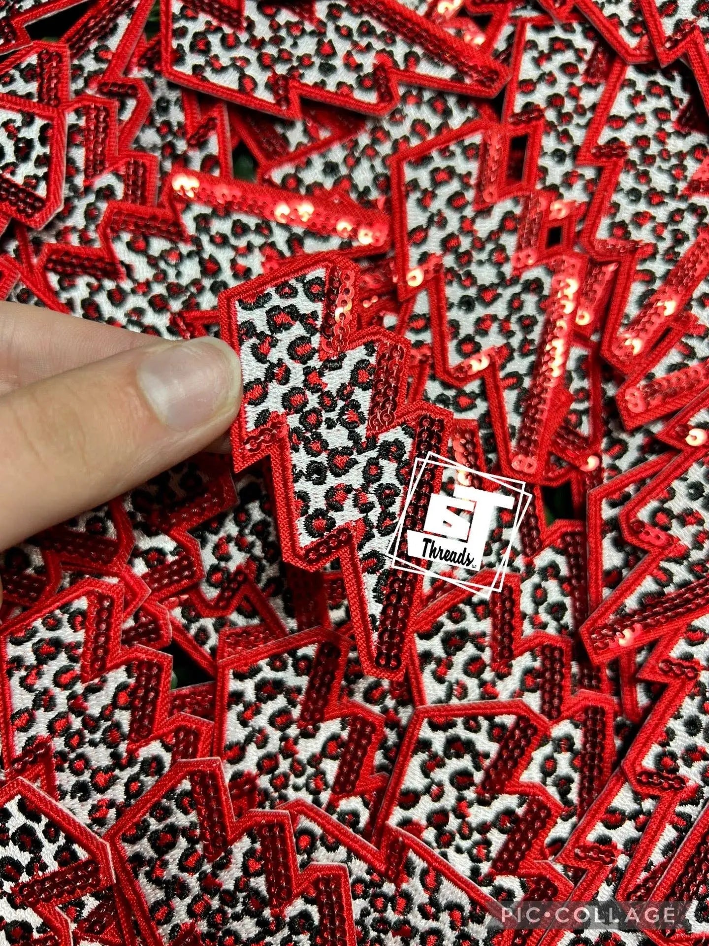 Red Leopard Print Lightning Bolt....Cap Patches Only: Red Leopard Print Lightning Bolt 6j Threads LLC