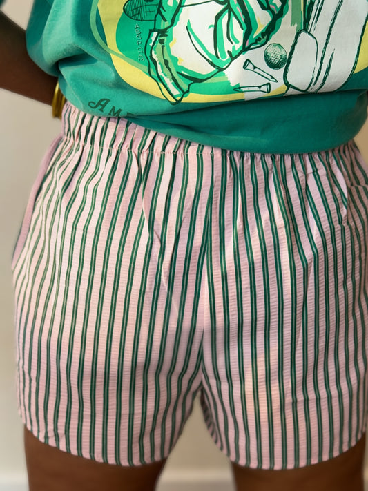 Pink & Green Stripe Boxer Shorts for Women | Elastic Waist Lounge Shorts with Pockets