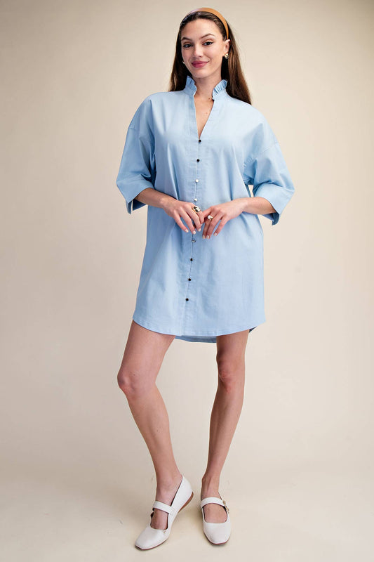 Southern Skies Blue Ruffle Collar Shirt Dress