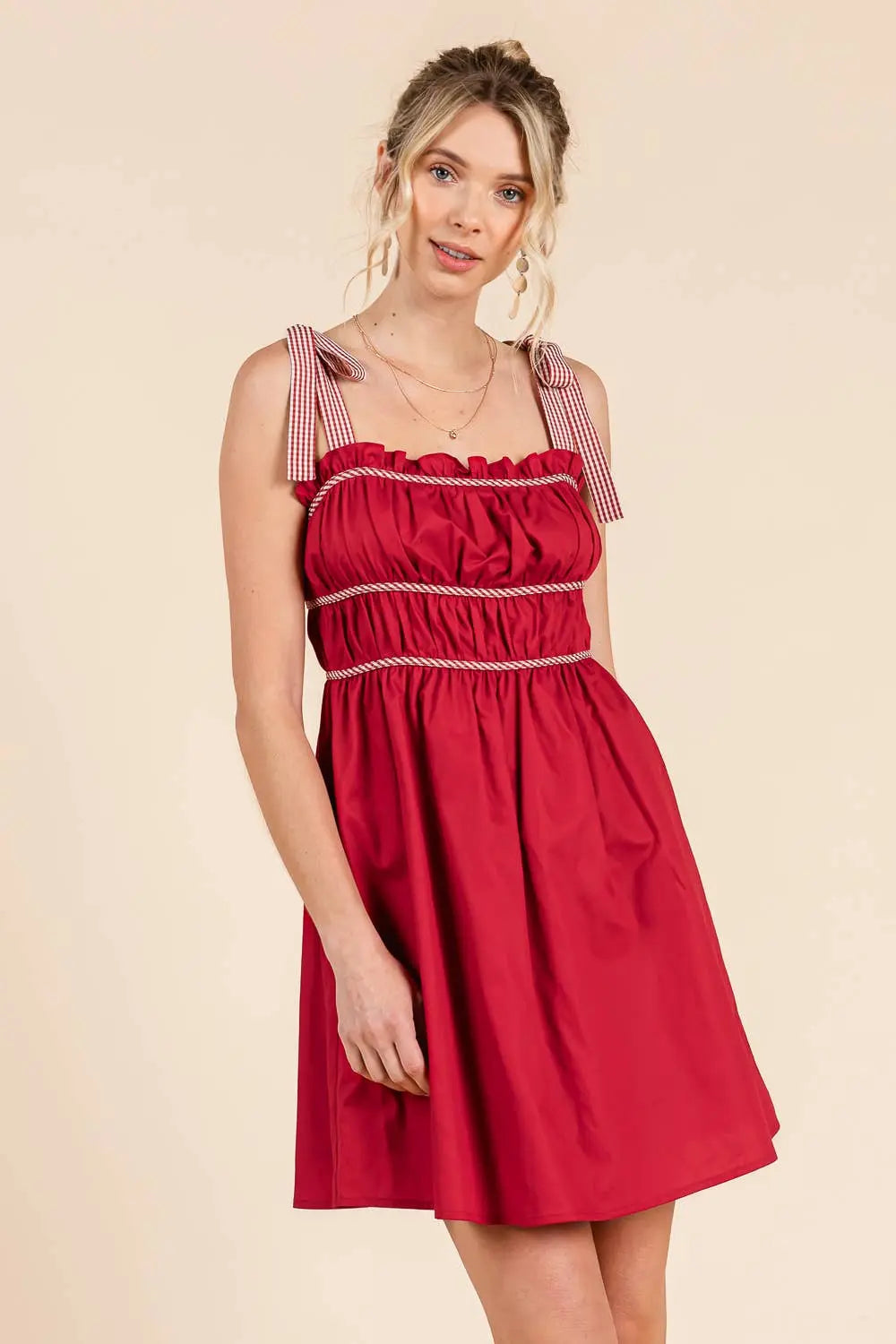 Gameday Cotton mini dress with gingham binding details: MAROON / L BABY PINK