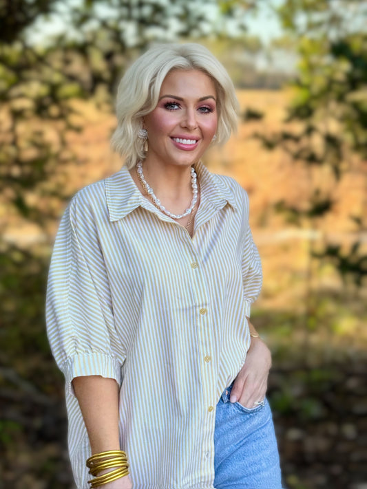 Spring Stripe Society Top: Creamy Yellow Striped Button-Down Relaxed Shirt