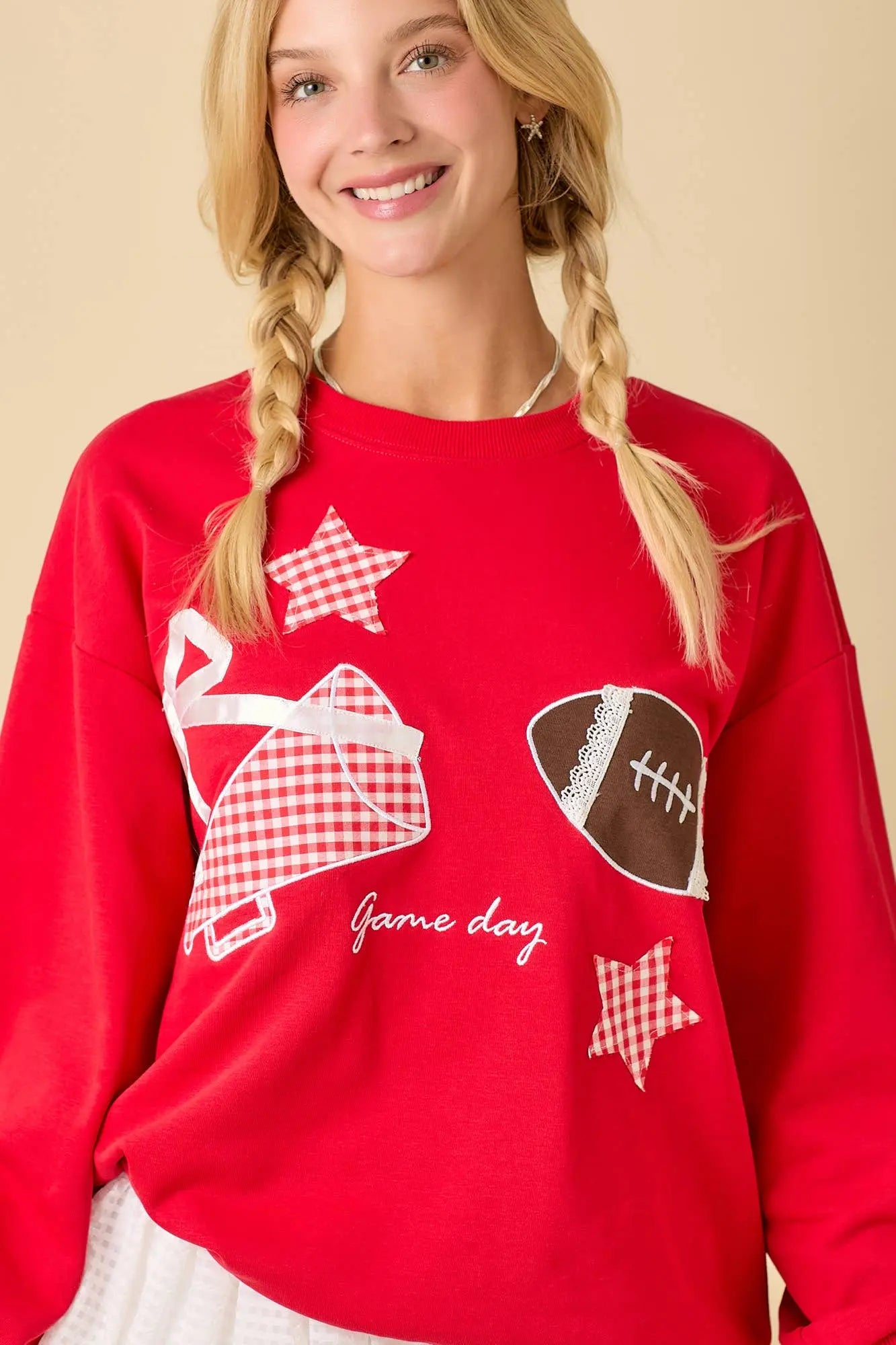 Football Game Day Patchwork Long Sleeve Crewneck Top: RED / S Main Strip