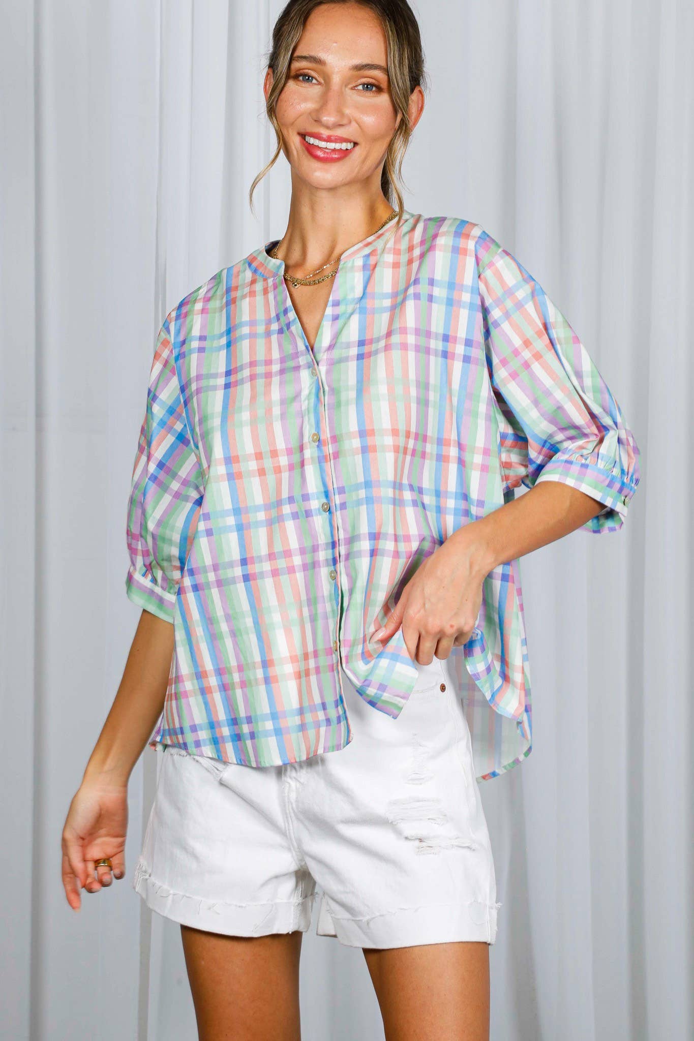 Sunday Best Plaid V-Neck Half Puff Sleeve Blouse