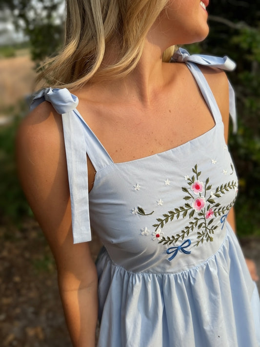 Light blue dress with floral embroidery and ribbon straps worn by a person outdoors.
