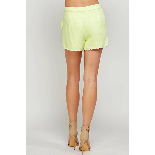 Tulip Tipsy Scallop Embroidered Hem Pale Yellow Linen Shorts