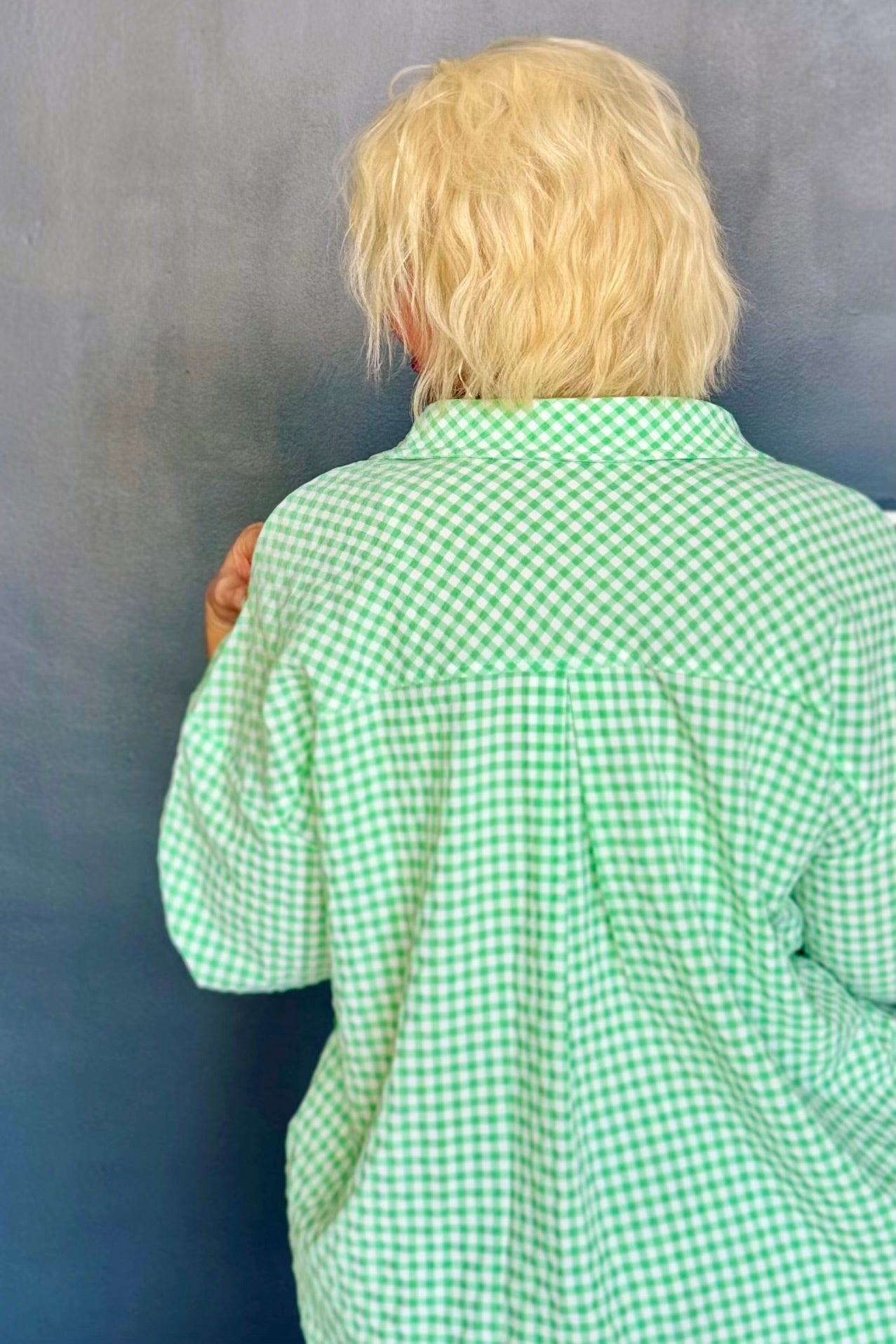 Gingham & Grace Kelly Green Relaxed 3/4 Sleeve Button-Down Top
