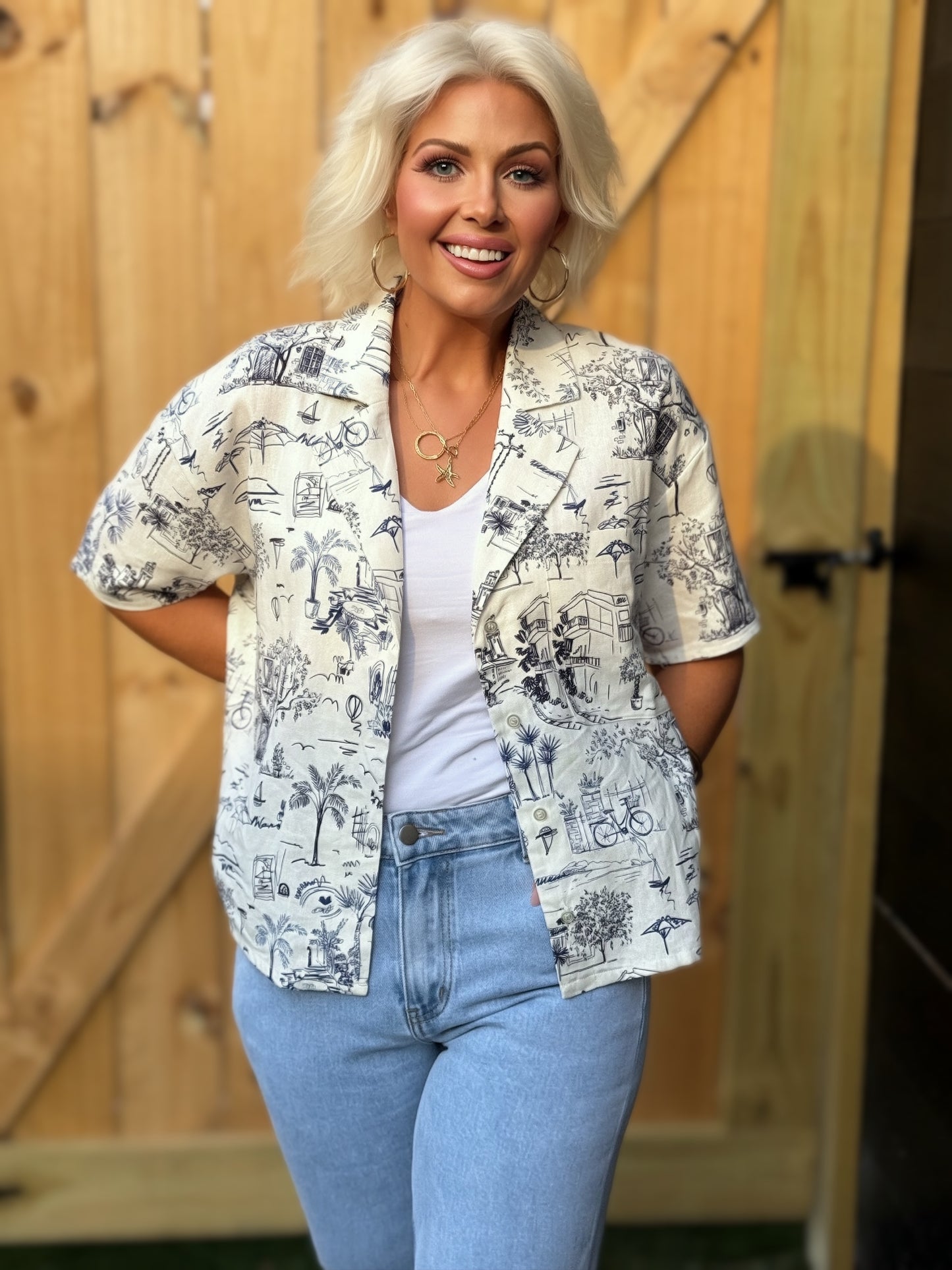 Chemise boutonnée en lin imprimé | Blouse femme fluide à manches courtes | Haut d'été léger | Chemise de vacances coupe décontractée