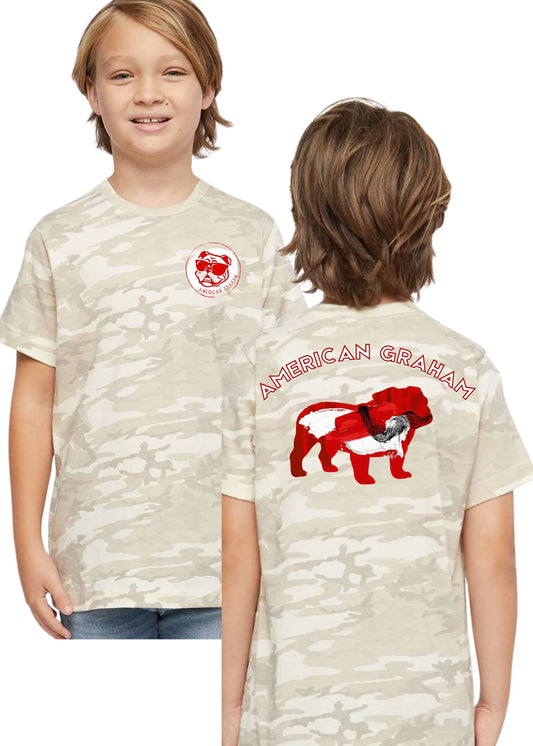 Youth Abstract Bulldog on Neutral Camo Print LAT Graphic Tee - American Graham Apparel American Graham Apparel