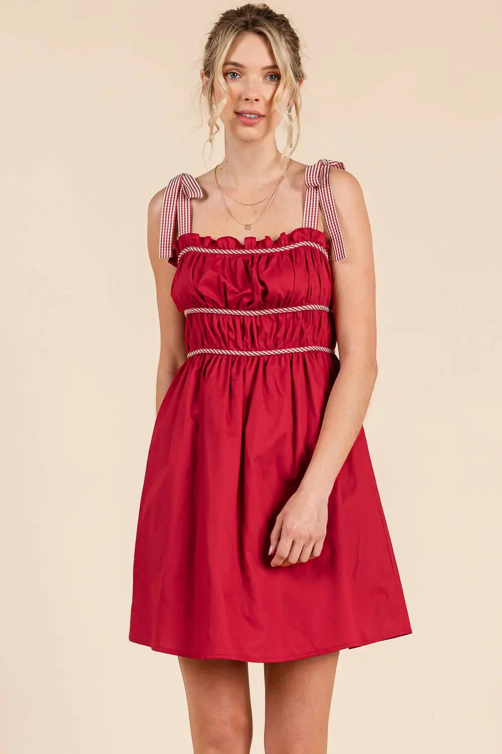 Gameday Cotton mini dress with gingham binding details: MAROON / L BABY PINK