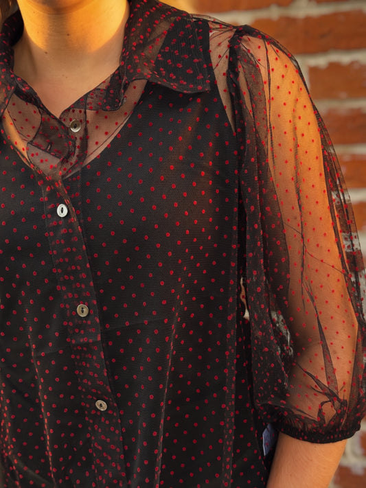 Night Game Red-Dotted Mesh Blouse