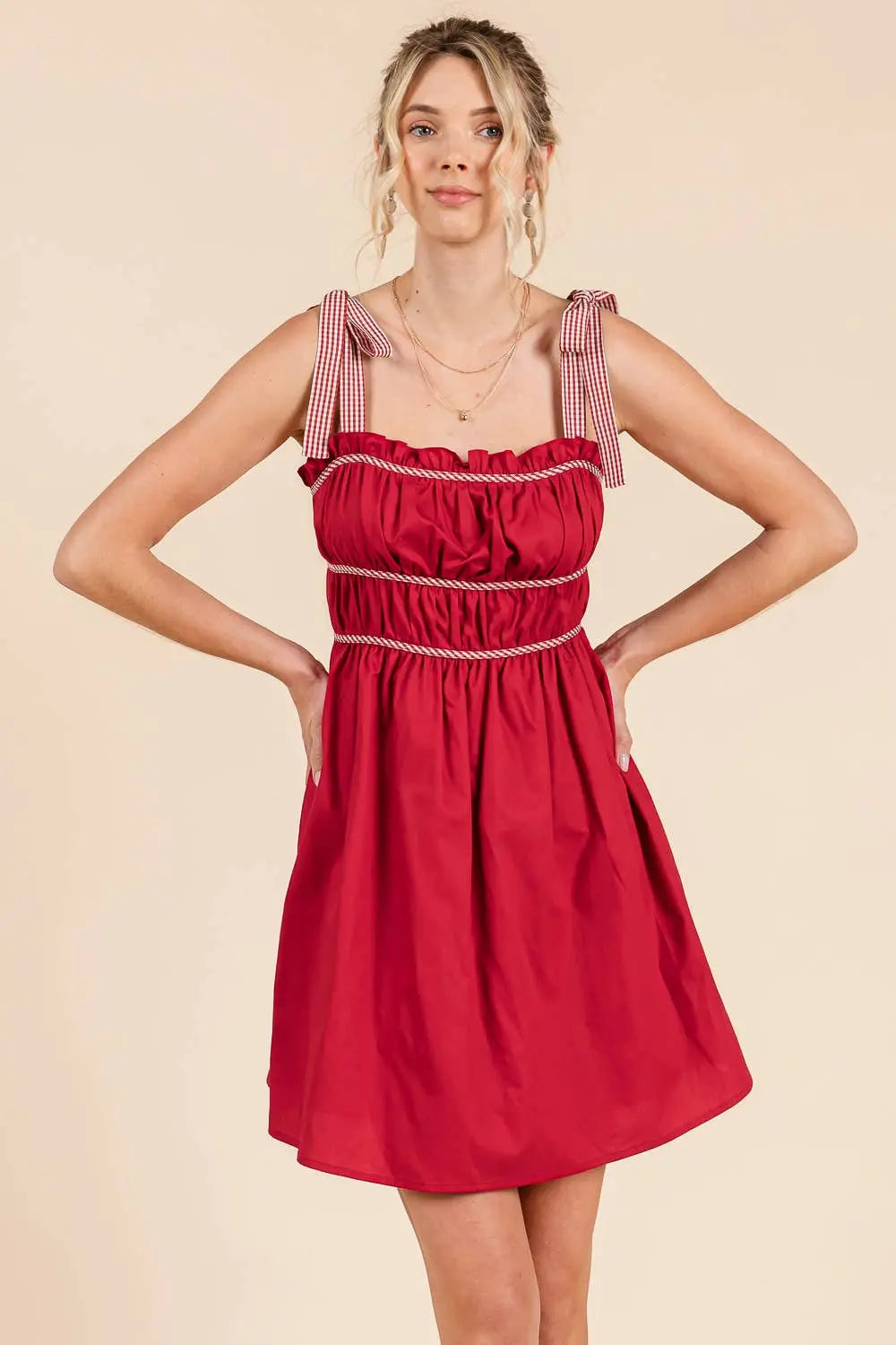 Gameday Cotton mini dress with gingham binding details: MAROON / L BABY PINK