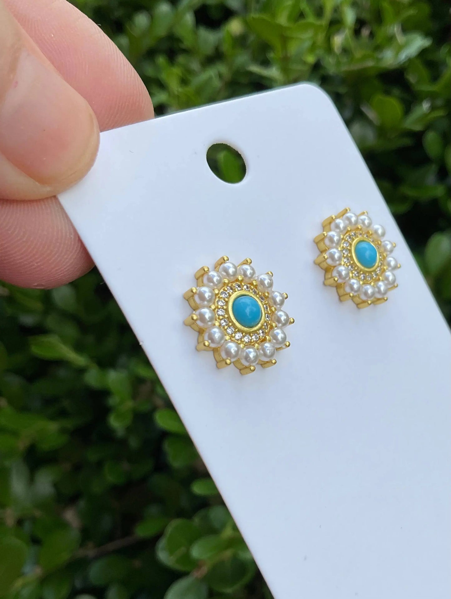 Petite turquoise pearl sunburst earrings -American Graham